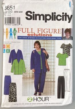 Simplicity 8651 Full Figure Solutions Jacket Top Pants Skirt Womens 26-32 UNCUT